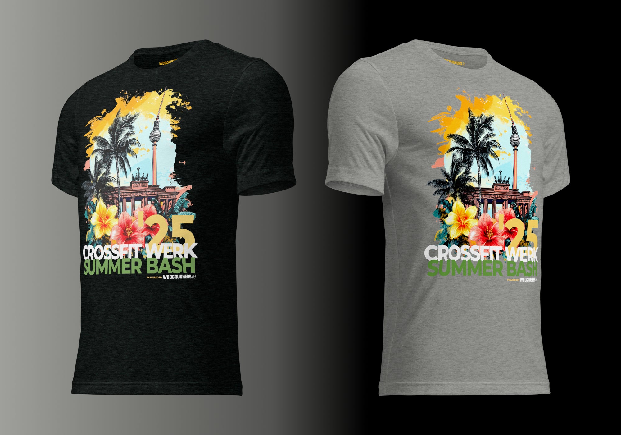 Official athlete and volunteer shirts for the 2025 CrossFit Werk Summer Bash, designed by WODCRUSHERS – Charcoal Black and Athletic Grey Bella+Canvas 3413 tees.